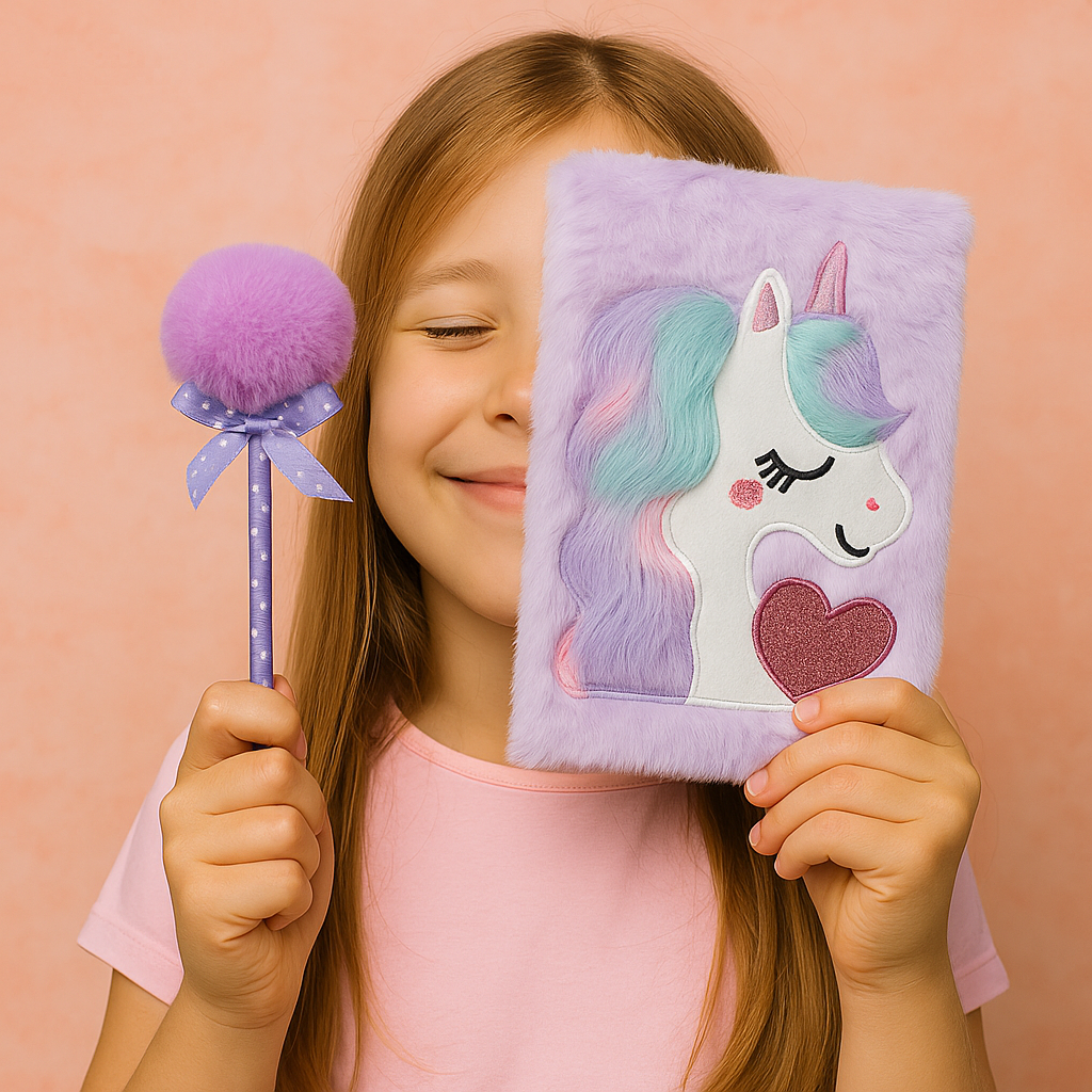 Unicorn Plush Diary with Fluffy Pen – Gift Set for Kids (Lavender)