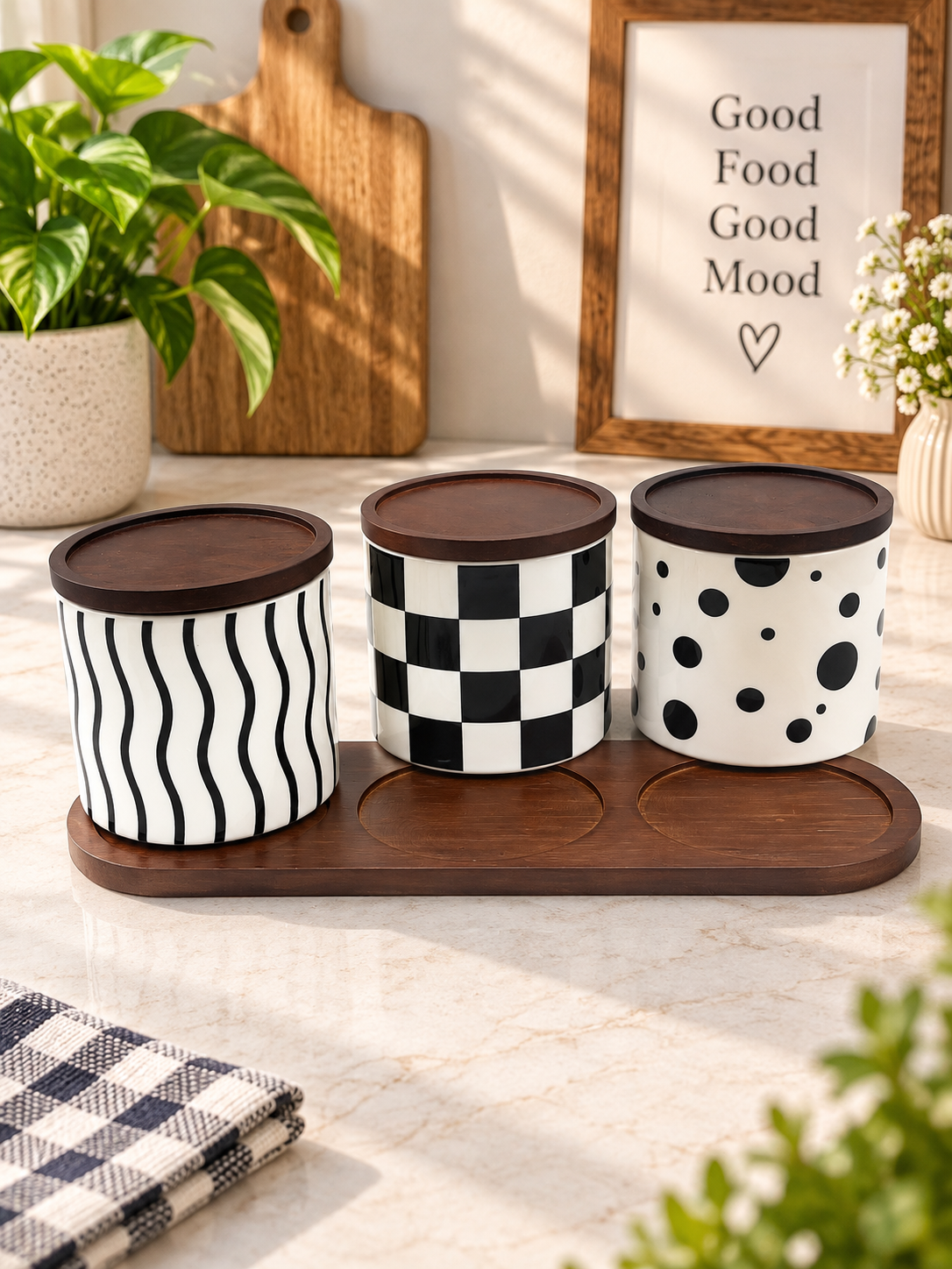 Ceramic Storage Jar Set of 3 with Wooden Lids & Tray