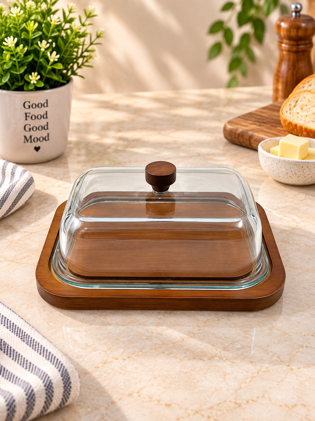 Glass Butter Dish with Wooden Tray & Lid – Multipurpose Serving & Storage Dish