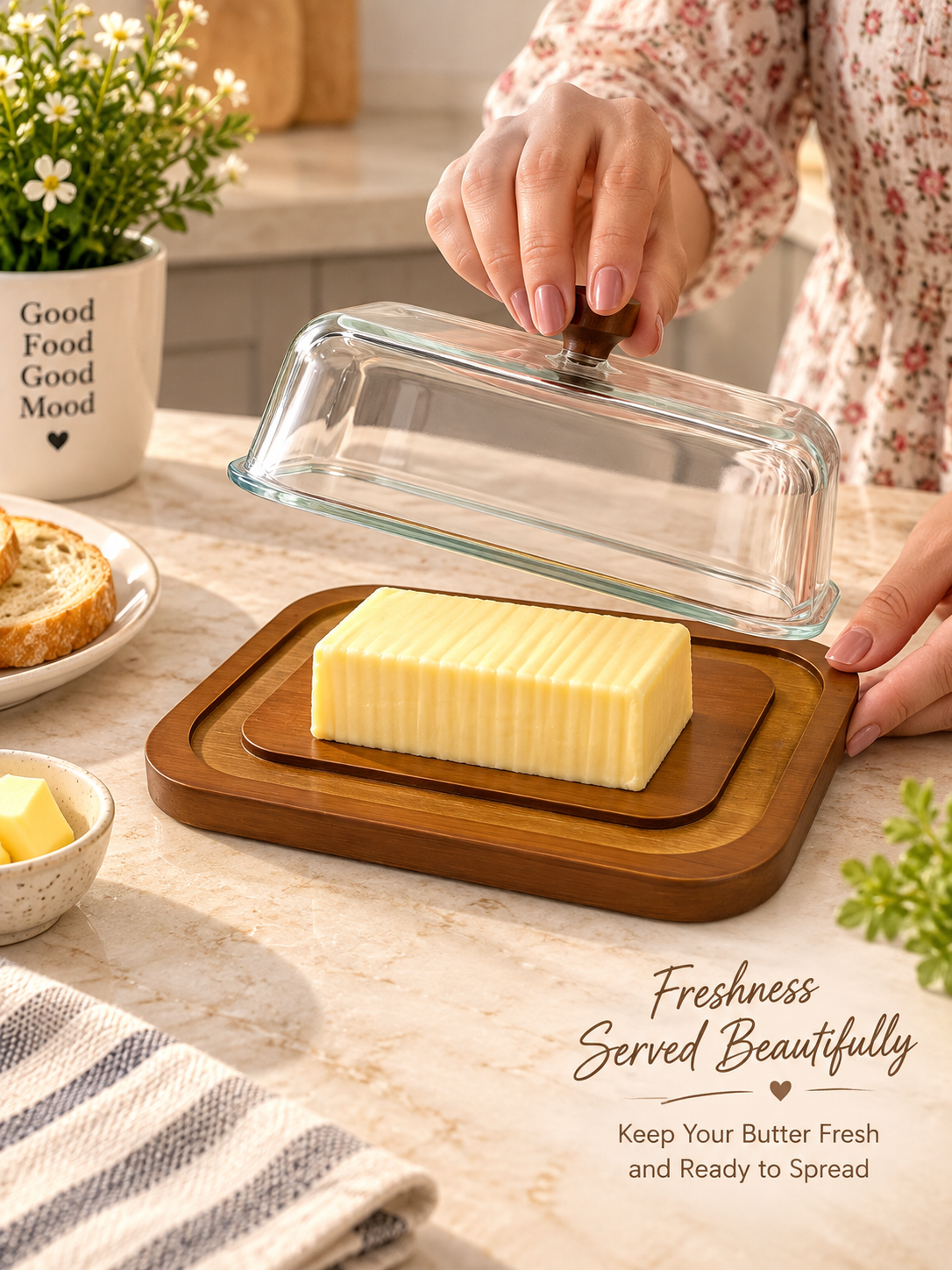 Glass Butter Dish with Wooden Tray & Lid – Multipurpose Serving & Storage Dish