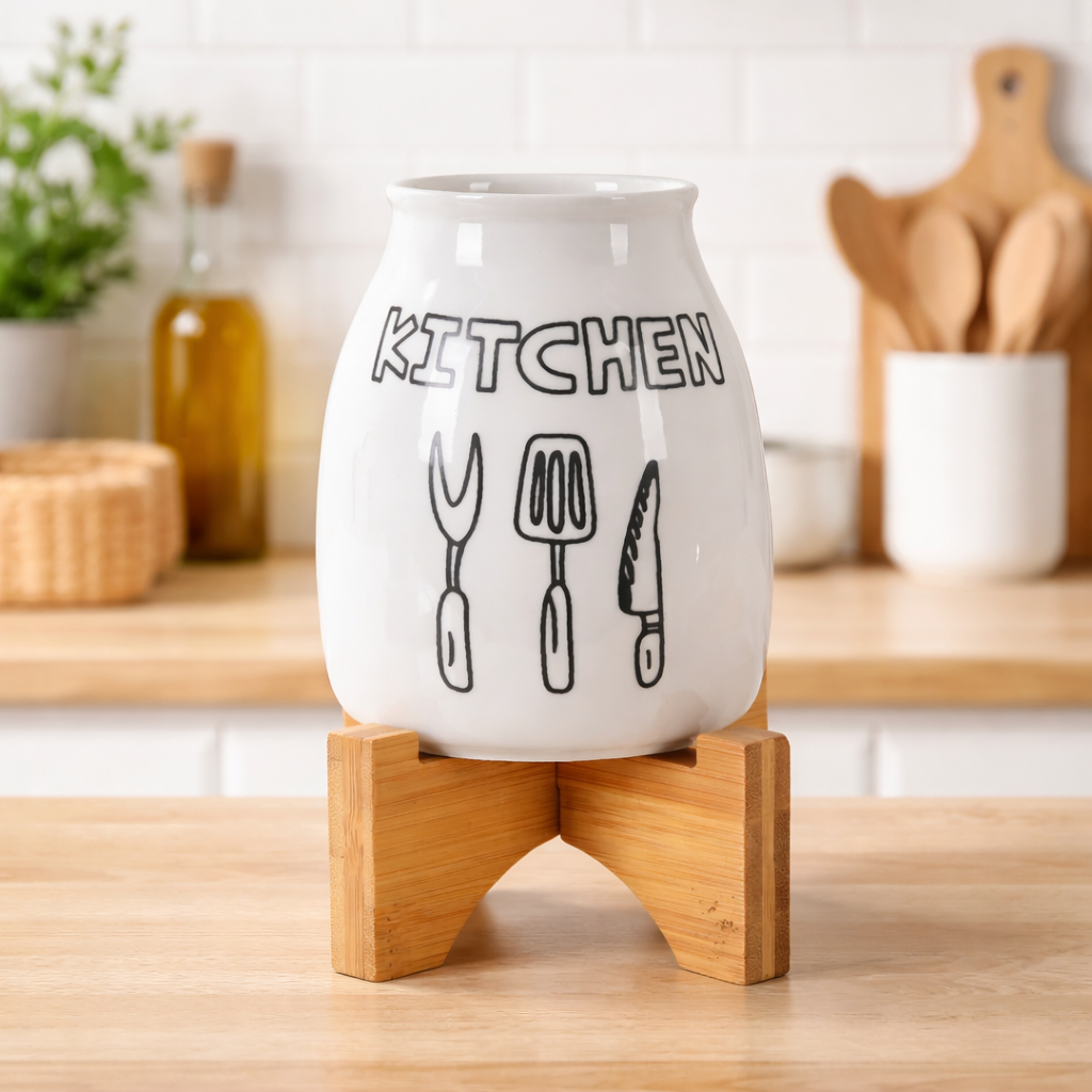 Premium Ceramic Kitchen Utensil Holder with Wooden Stand – Decorative Countertop Organizer