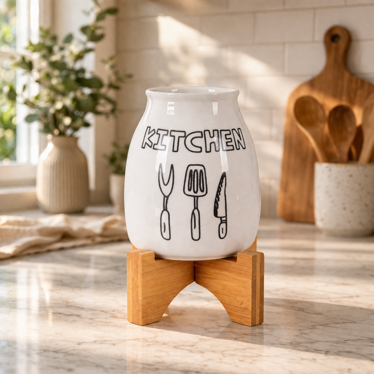 Premium Ceramic Kitchen Utensil Holder with Wooden Stand – Decorative Countertop Organizer