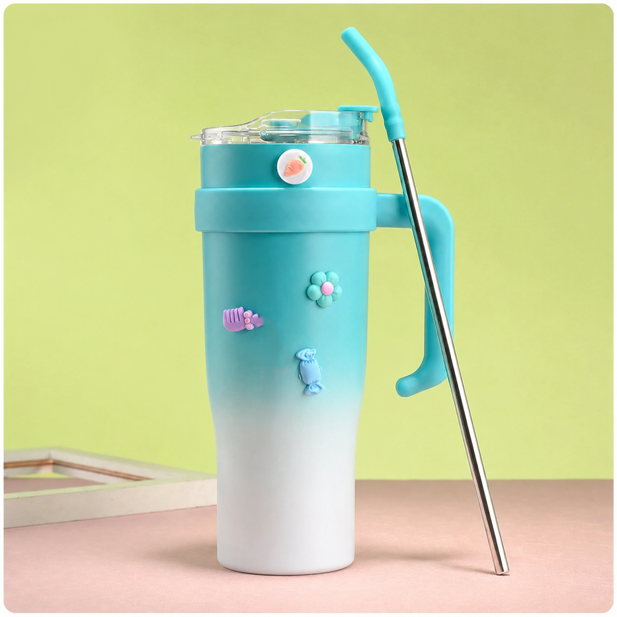 Bella N Bloom 1200ml Stainless Steel Insulated Tumbler with Handle & Straw Lid (Aqua Blue)