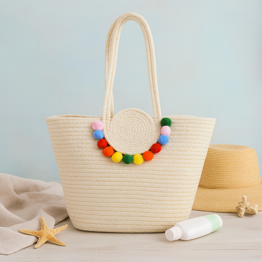 Handcrafted Cotton Woven Tote Bag with Colorful Pom-Poms