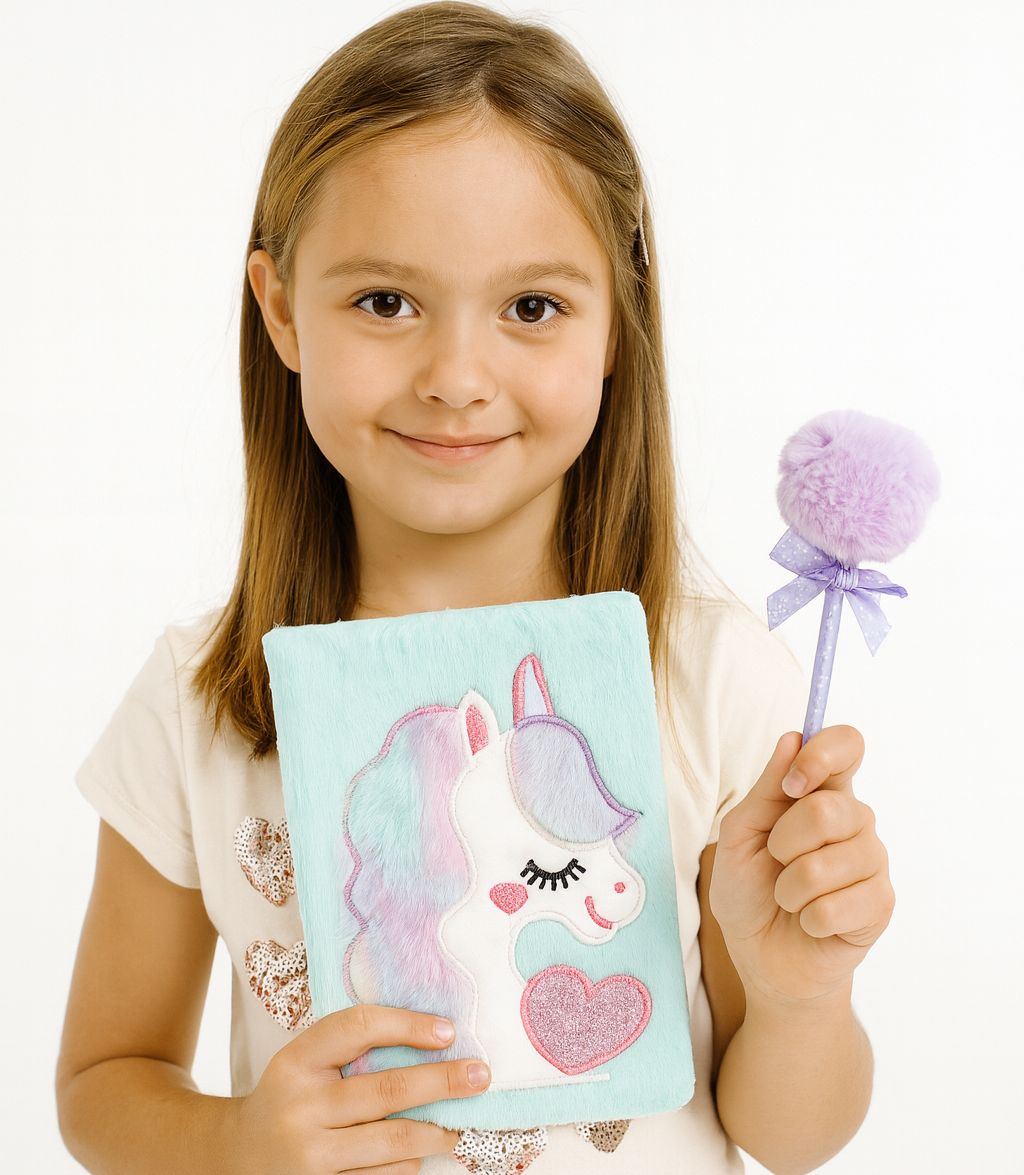 Cute Unicorn Plush Diary with Pen – Gift Set for Kids (Blue)