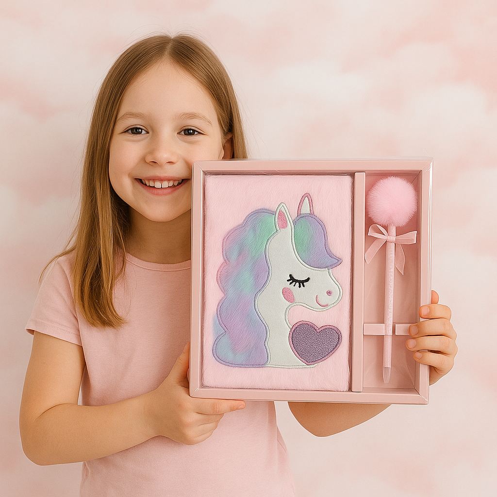 Magical Unicorn Plush Diary with Fluffy Pen – Gift Set for Kids (Pink)