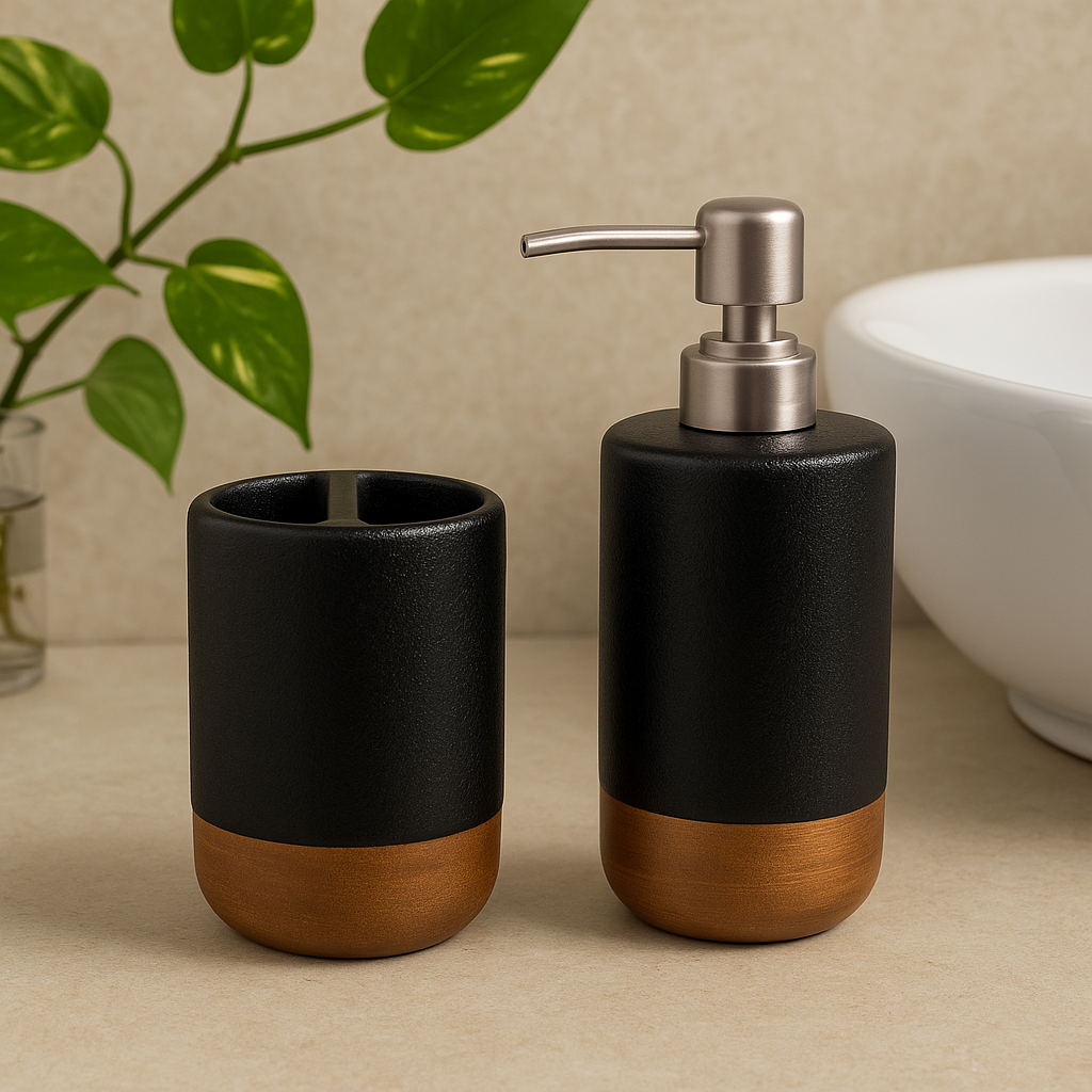 Modern Black & Gold Ceramic Bathroom Accessory Set – Soap Dispenser & Toothbrush Holder (2-Piece)