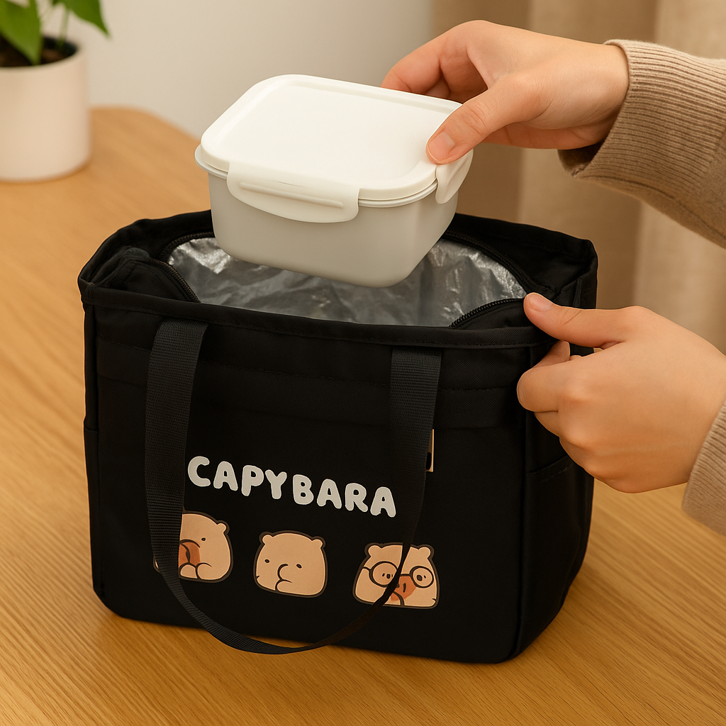 Capybara Lunch Bag- Black -Thermal Insulated