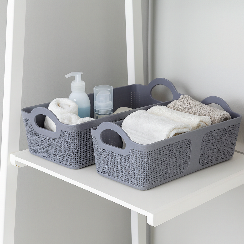 Premium Multi-Purpose Rectangular Woven Storage Basket Set with Handles (Grey Color)