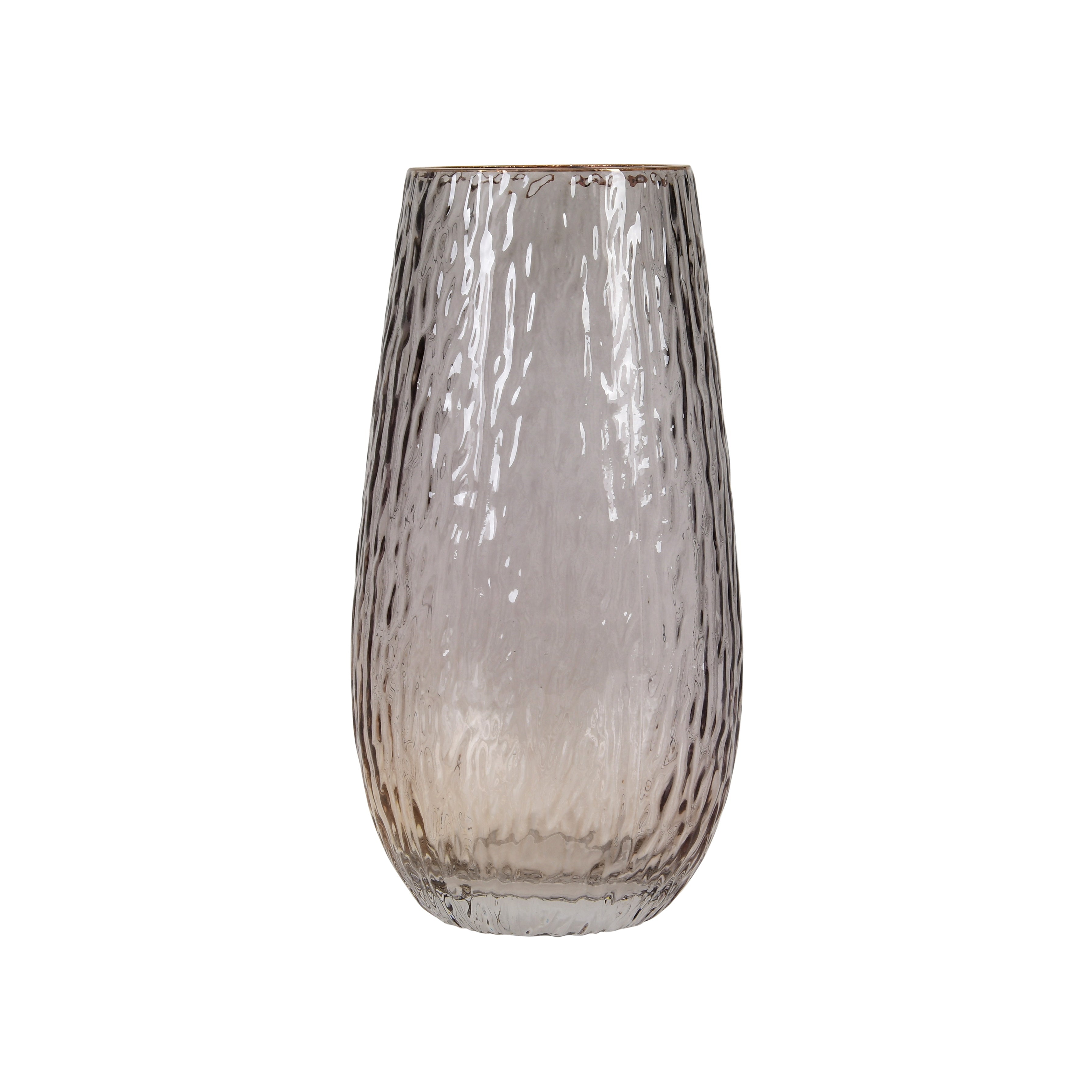 Smoky Grey Glass Vase with Gold Rim – Tall Cylindrical Ripple Design