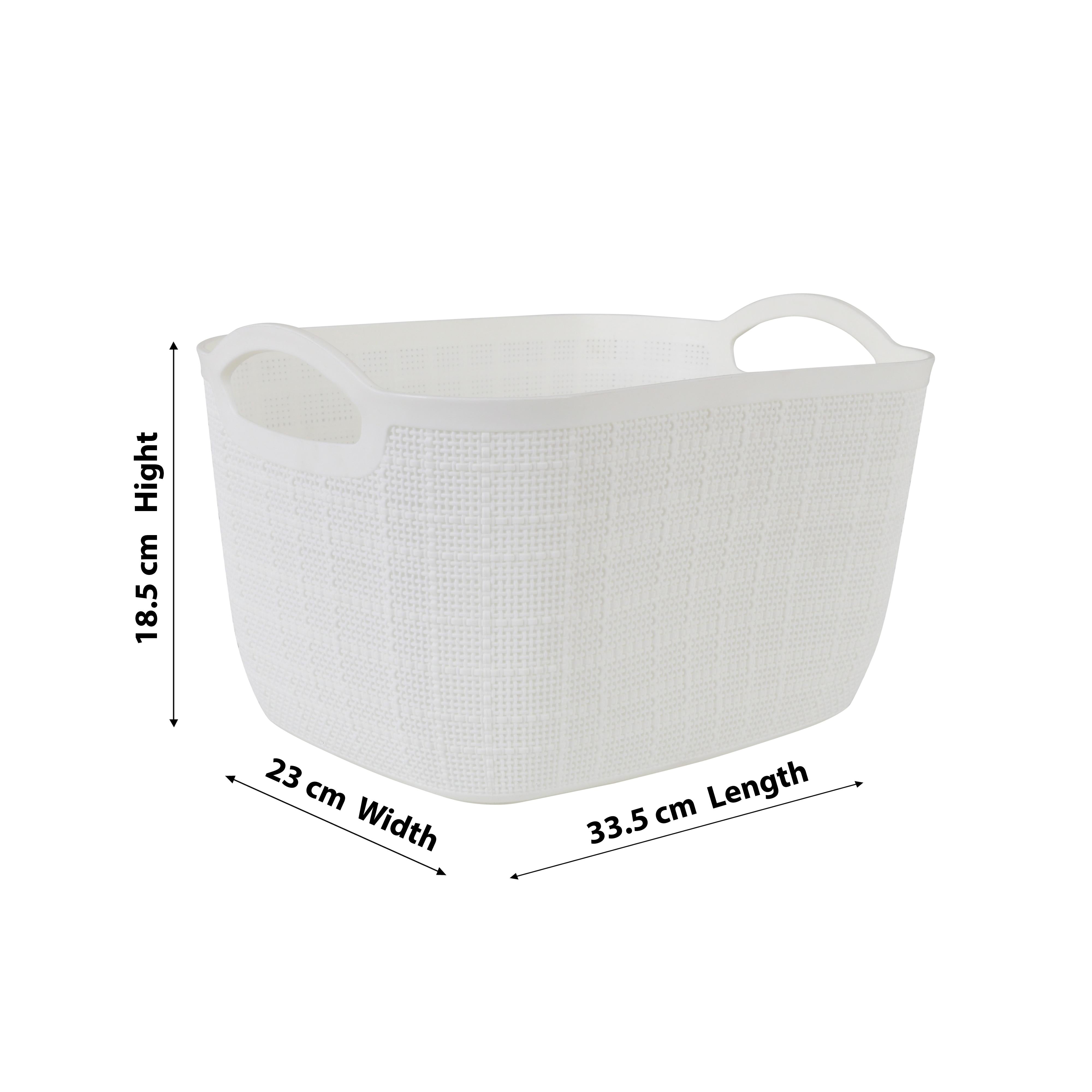 Premium Multi-Purpose Rectangular Textured Storage Basket Set with Handles (White Color)