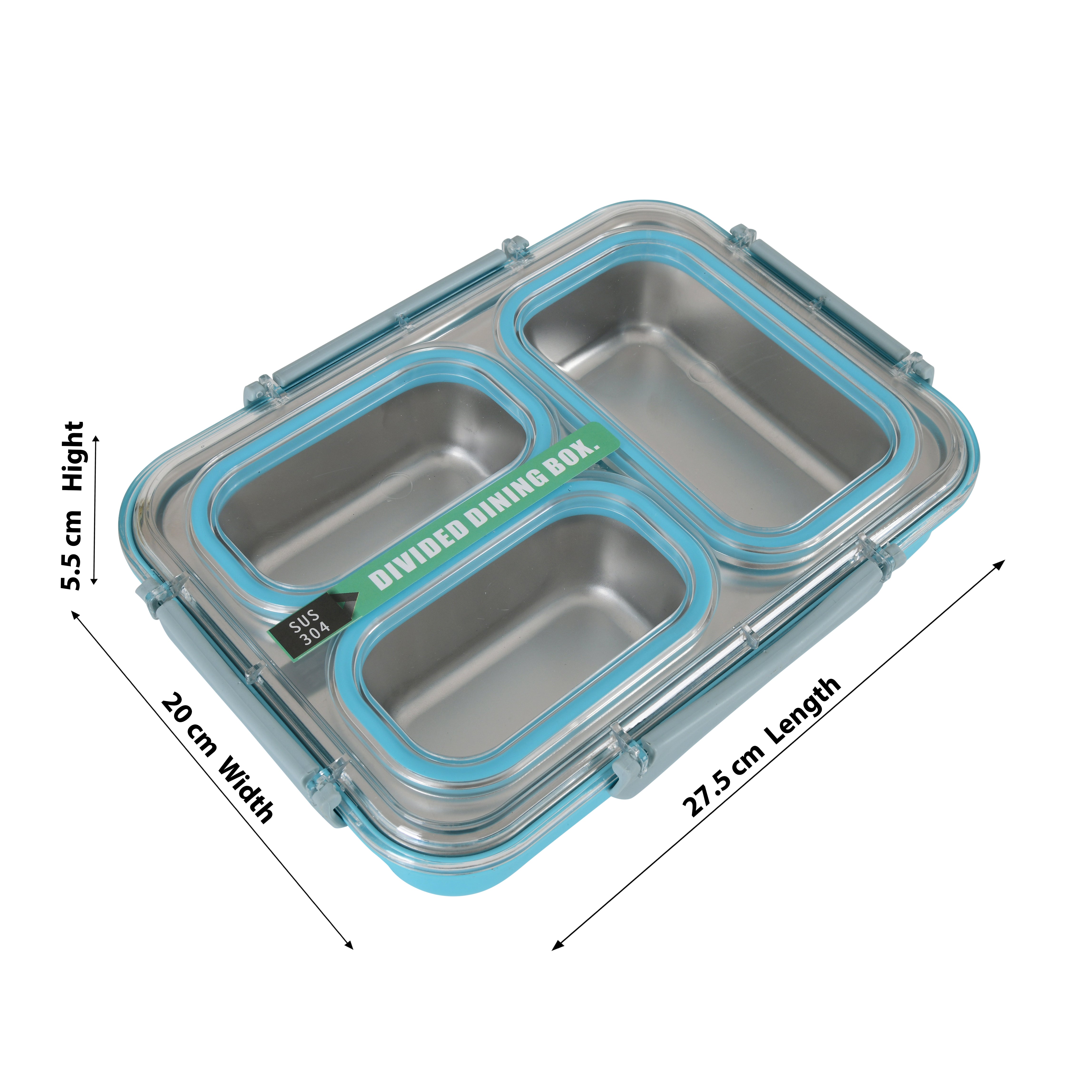 Transparent STAINLESS Steel Lunch Box (Spill Proof-Blue)