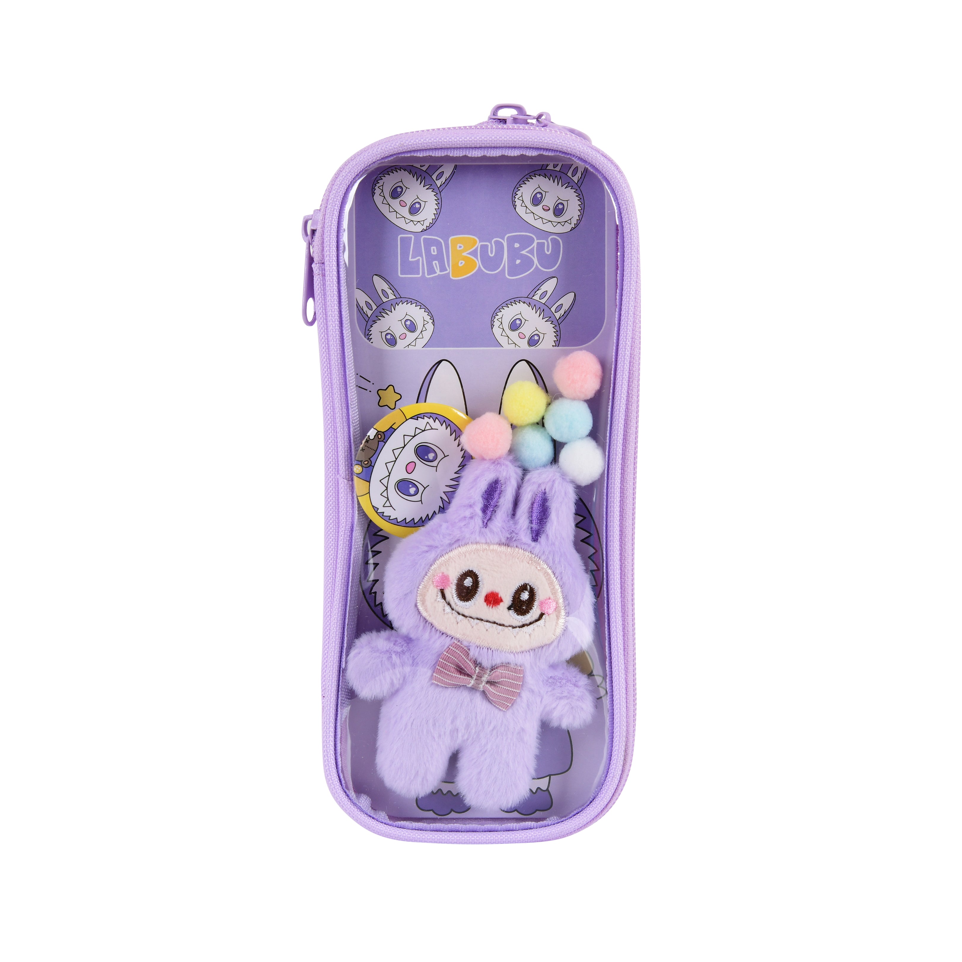 Pen/Pencil Pouch-with soft toy labubu and badge- Purple