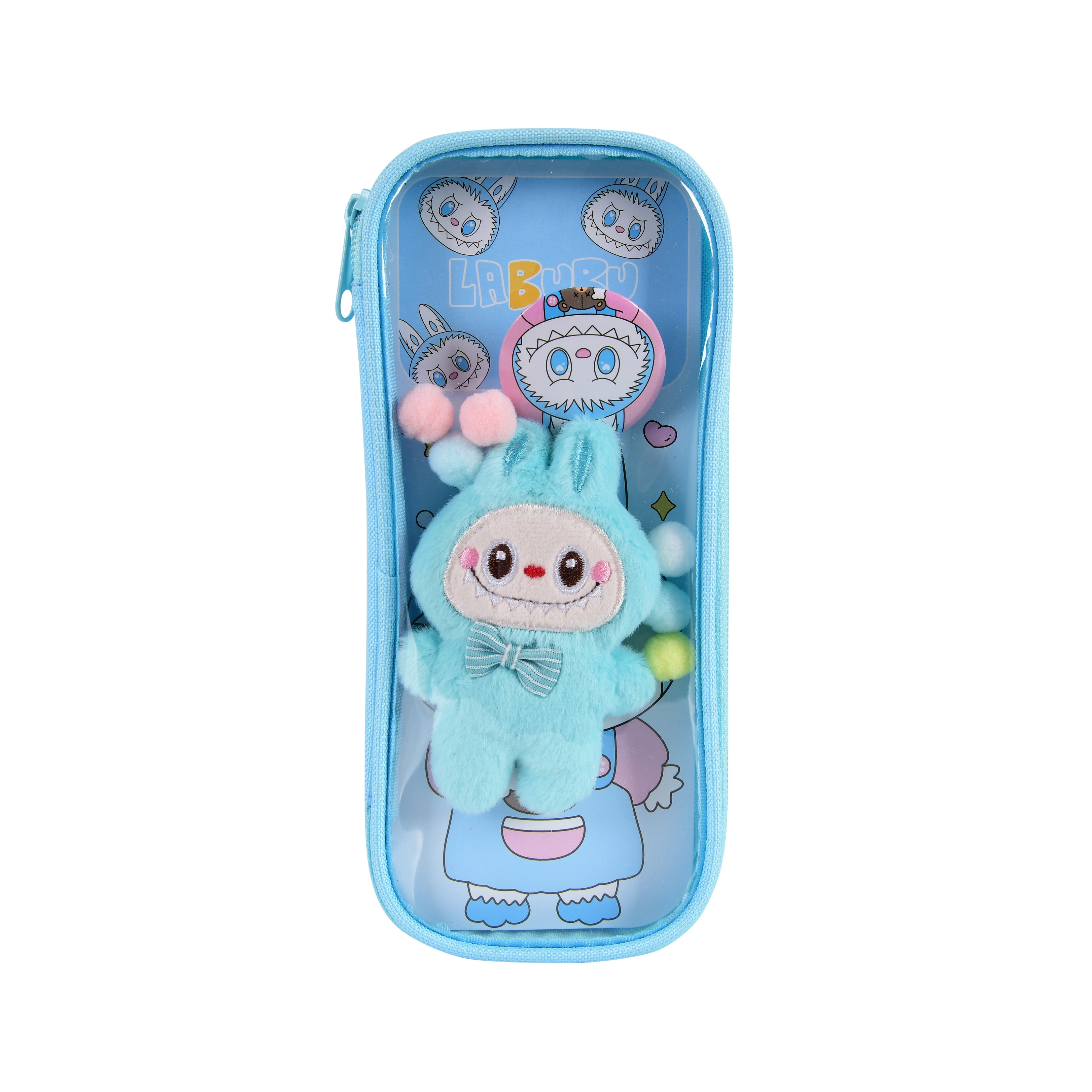 Pen/Pencil Pouch-with soft toy labubu and badge- Blue