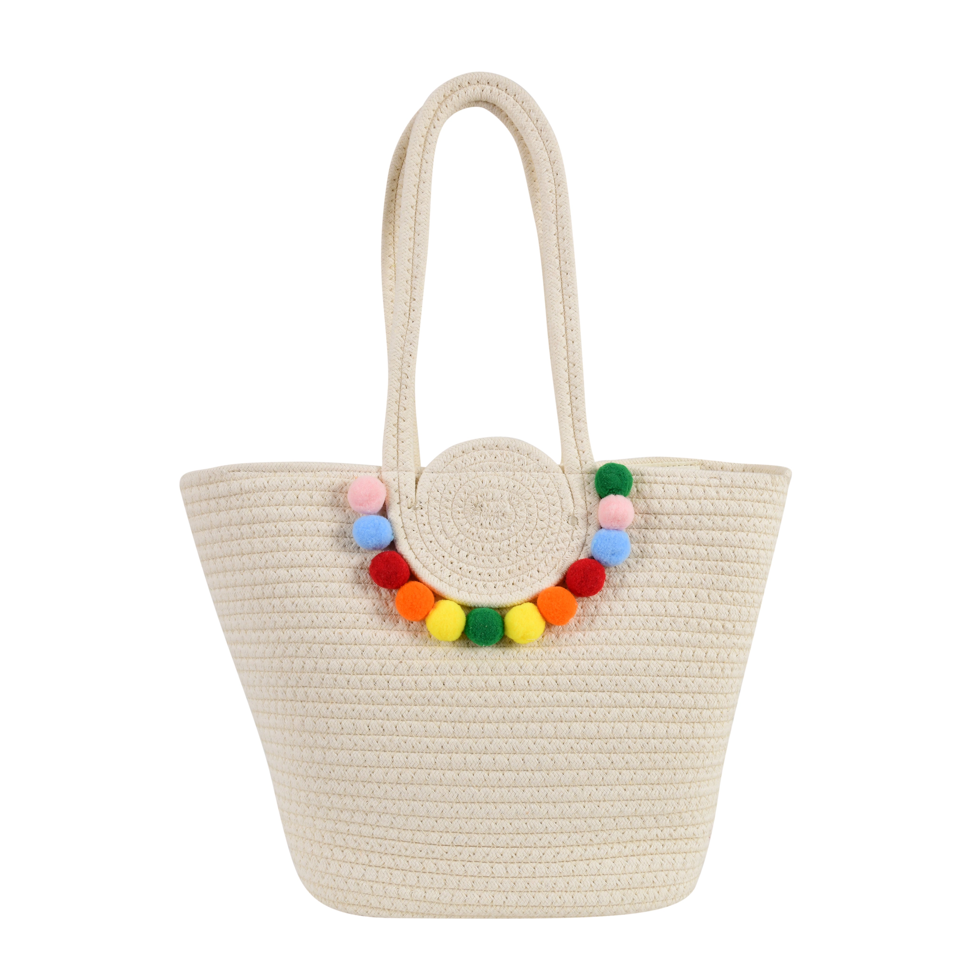 Handcrafted Cotton Woven Tote Bag with Colorful Pom-Poms