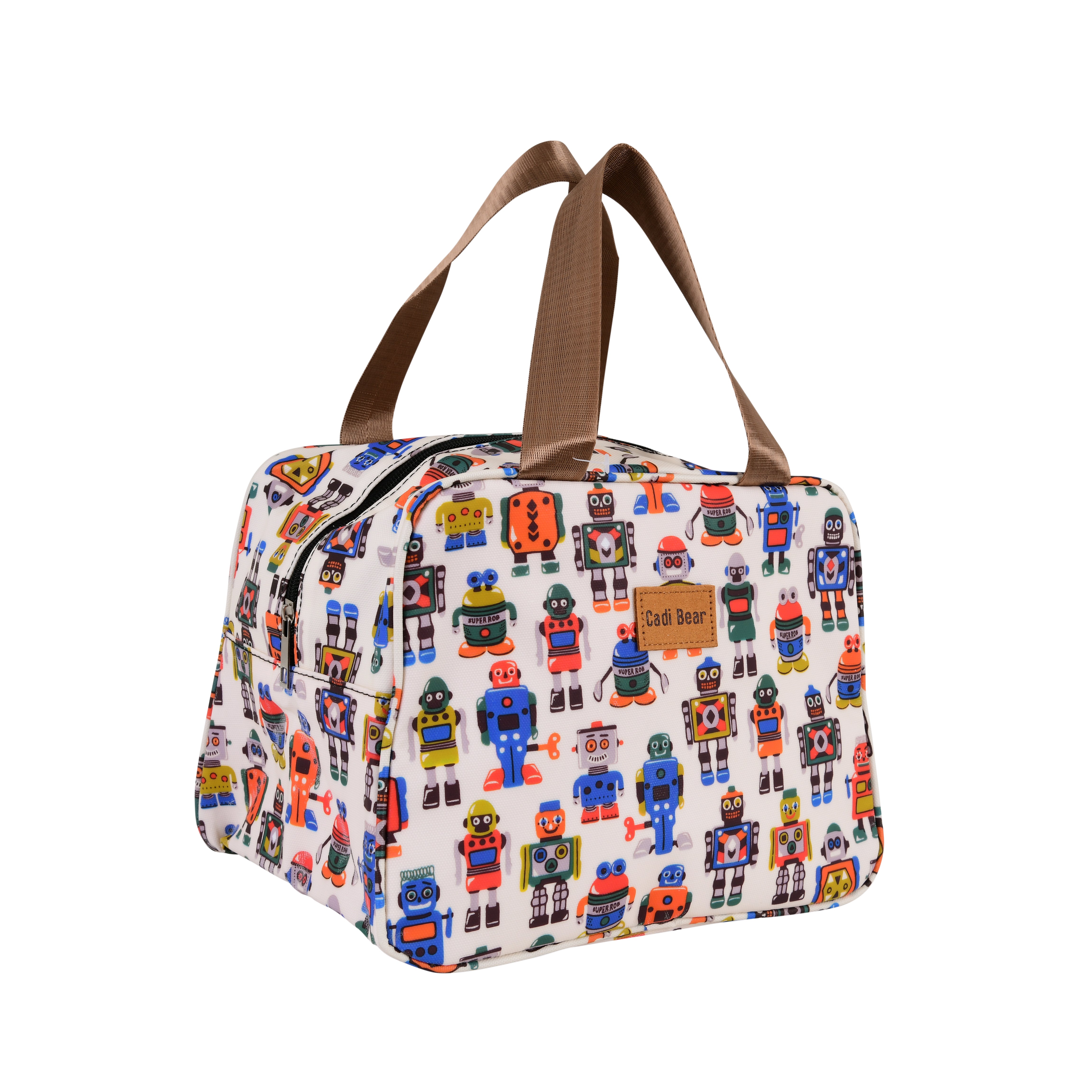 White base with colorful robot printed- insulated Lunch BAG