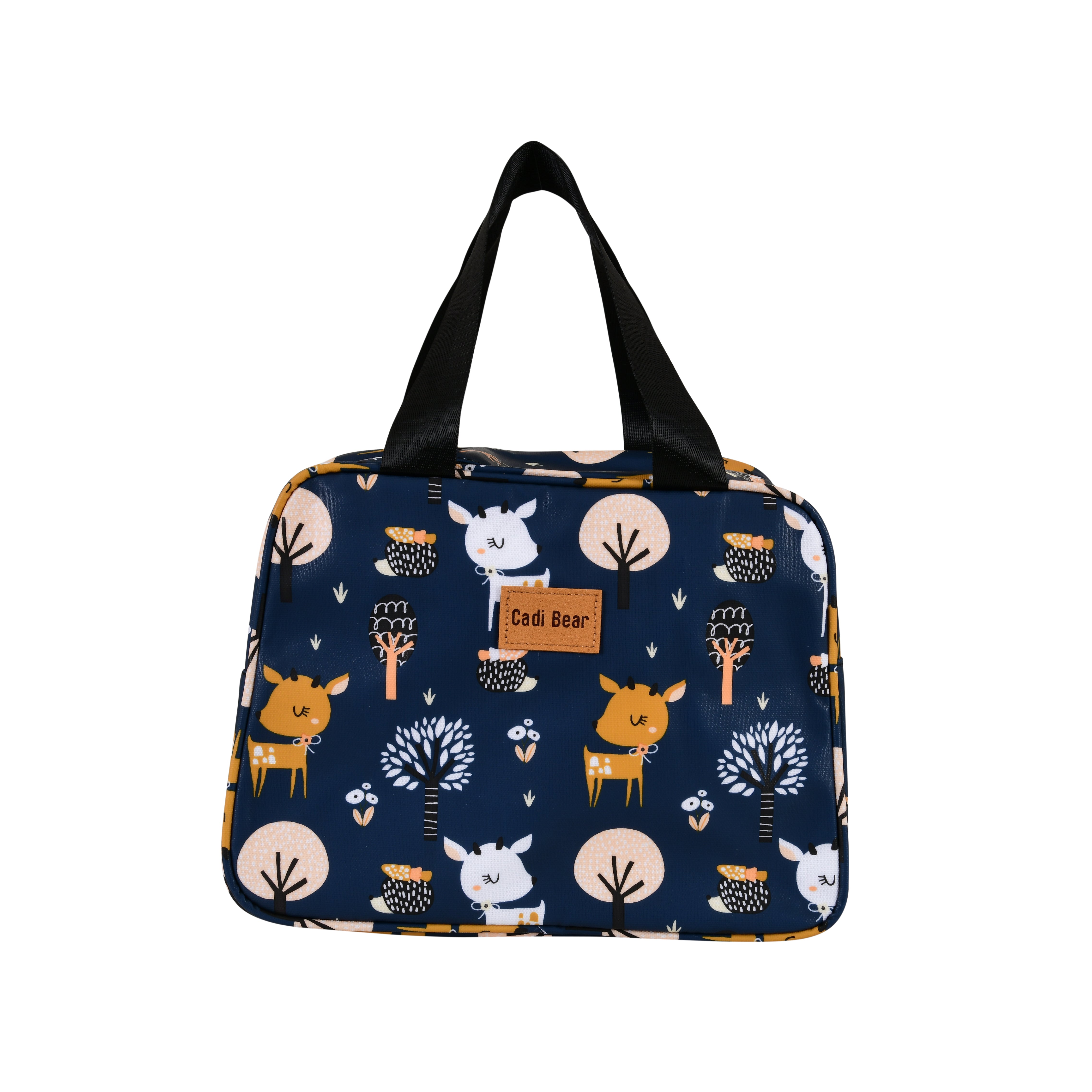 Navy blue base with multicolor deer & tree print Lunch Bag