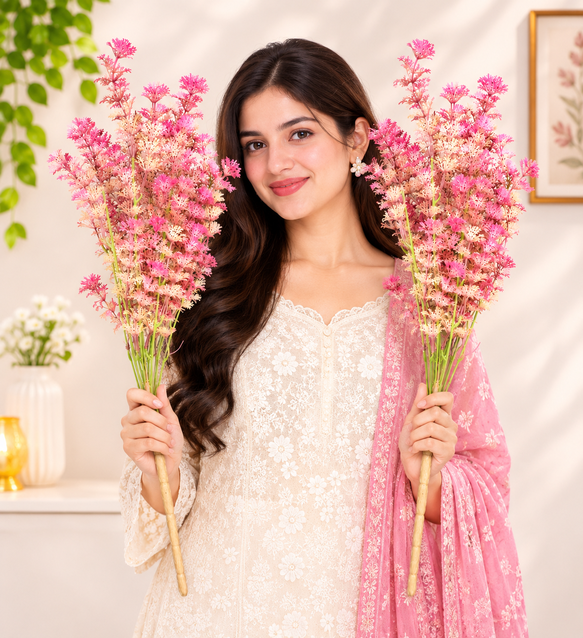 Artificial Pastel Pink/Purple Feathery Wild Flower Sticks for Home Decor, 55 cm, Pack of 2