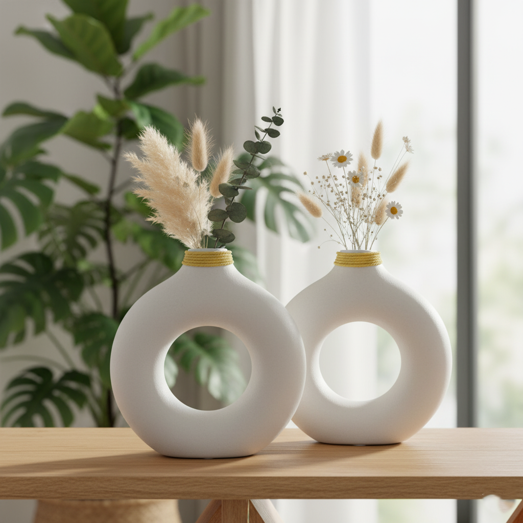 Set of 2 White Ceramic Donut Vases – Matte Finish with Yellow Rope Design