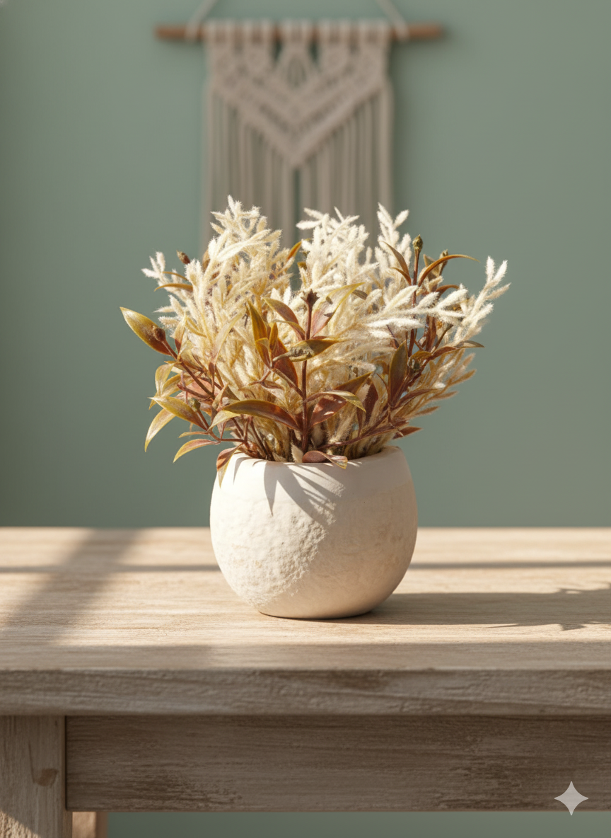 Textured Ceramic Planter with Artificial Brown-Green Leaves & Cream Sprigs