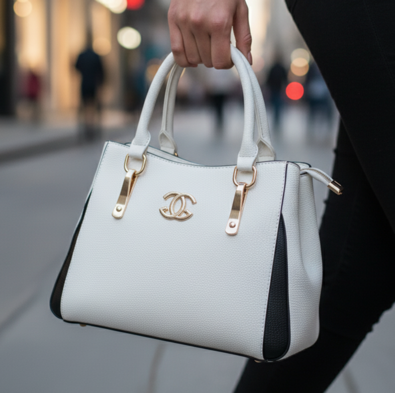 Women’s White & Black Textured Handbag – Polyurethane Finish with Gold Accents & Adjustable Sling Strap