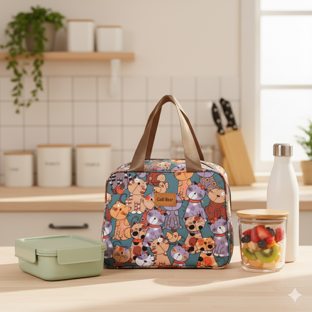 Teal base with multicolor cat print- Insulated Lunch Bag