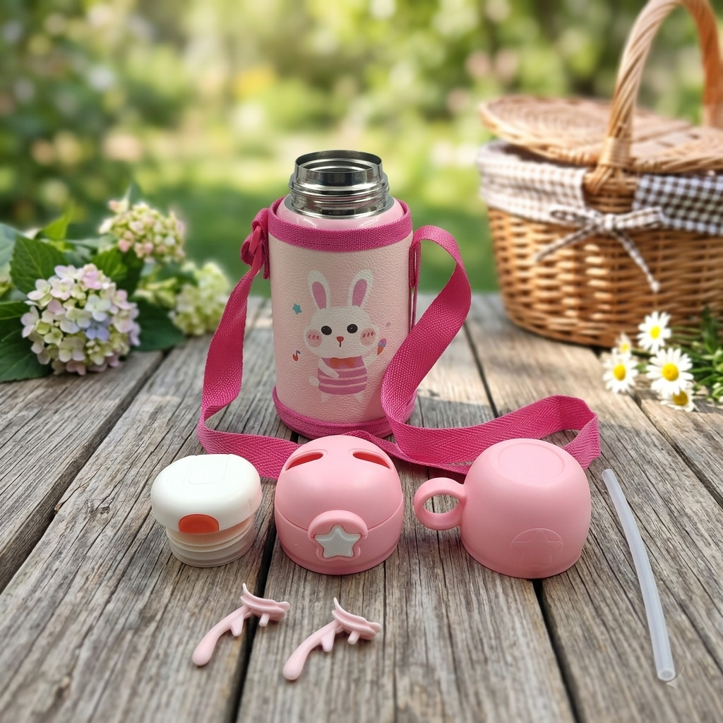 Kids Insulated(SS 304) Water Bottle with Straw Lid, Cute Bear Design, Leakproof, Strap & Carry Sleeve