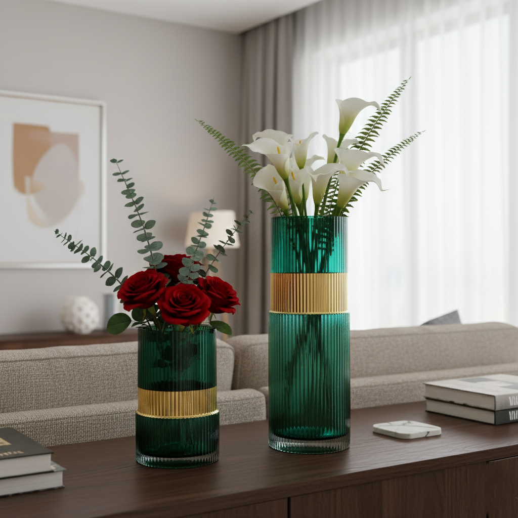 Turquoise Ribbed Glass Vase Set with Gold Accent (Set of 2)