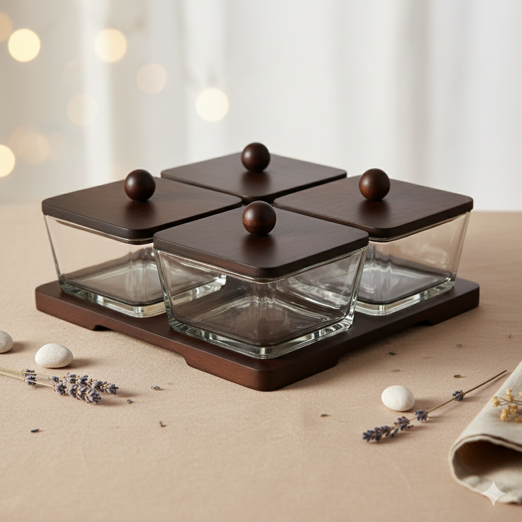 Premium 4-Piece Glass Jar Set with Black Wooden Lids & Organizer Tray