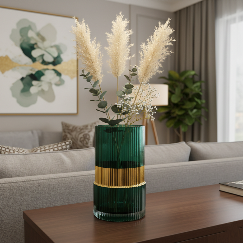 Small Turquoise Ribbed Glass Vase Set with Gold Accent