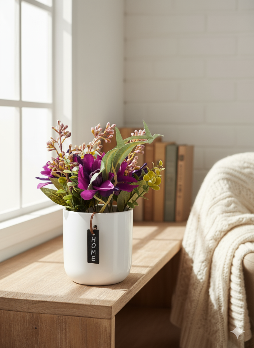 White Ceramic Planter with Artificial Purple Flowers & Green Foliage
