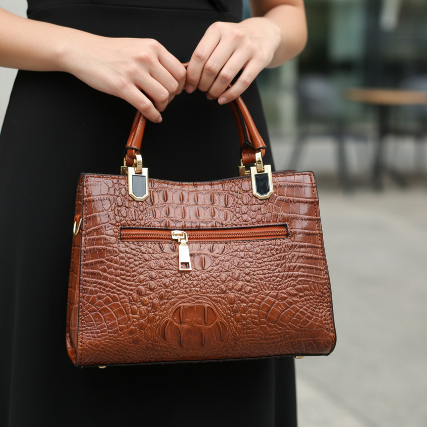 Women’s Brown Textured Handbag – Leatherette Finish with Gold Detailing & Adjustable Sling Strap