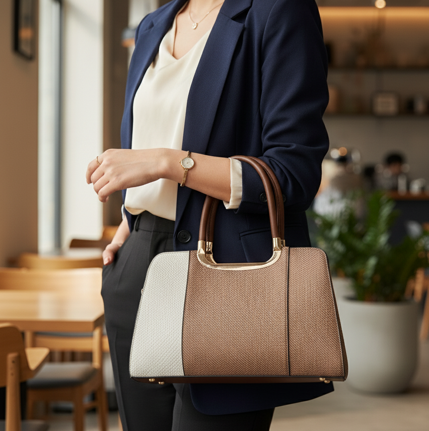 Women’s Two-Toned Handbag – Women’s Two-Toned Handbag – Beige & Dark Brown with Gold Detailing and Sling Strap