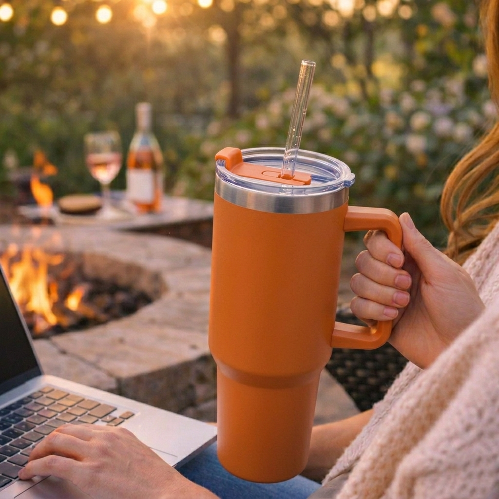 Bella N Bloom Stainless Steel Insulated Tumbler with Handle & Straw Lid – 1200ml Large Capacity Travel Mug (Orange)