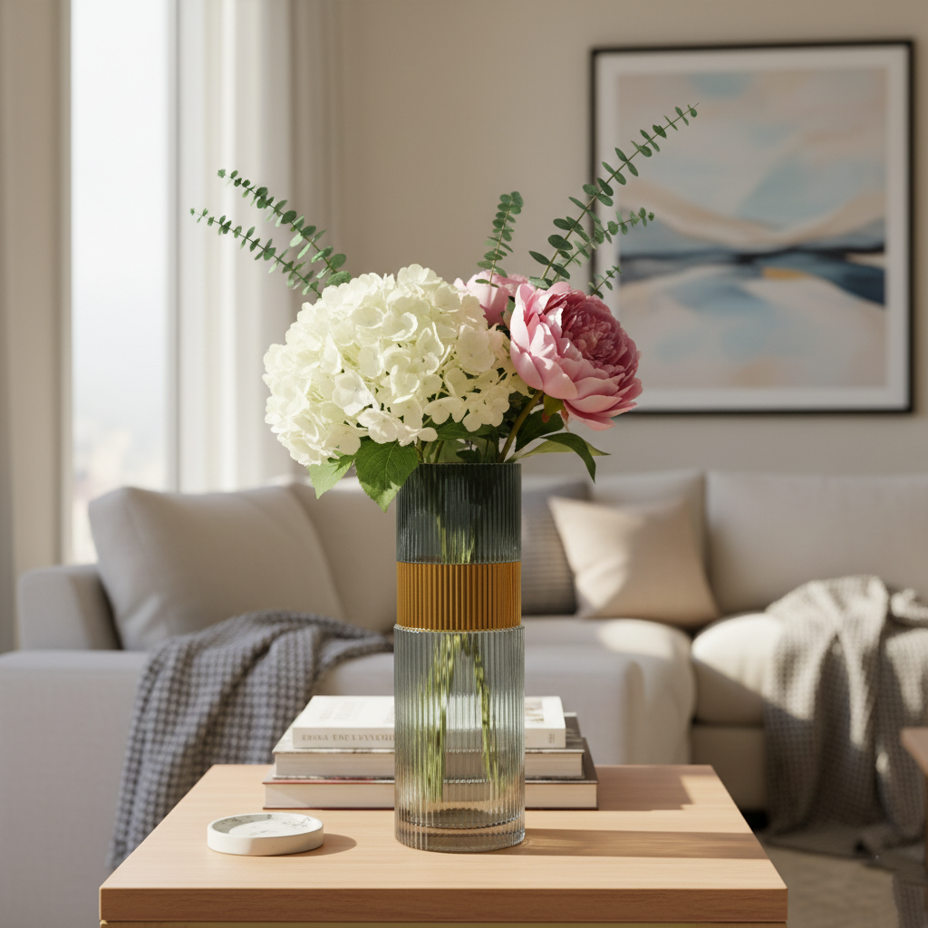 Large Smoky Grey Ribbed Glass Vase Set with Gold Accent