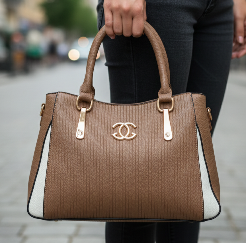 Women’s Beige & White Textured Handbag – Polyurethane Finish with Gold Accents & Adjustable Sling Strap