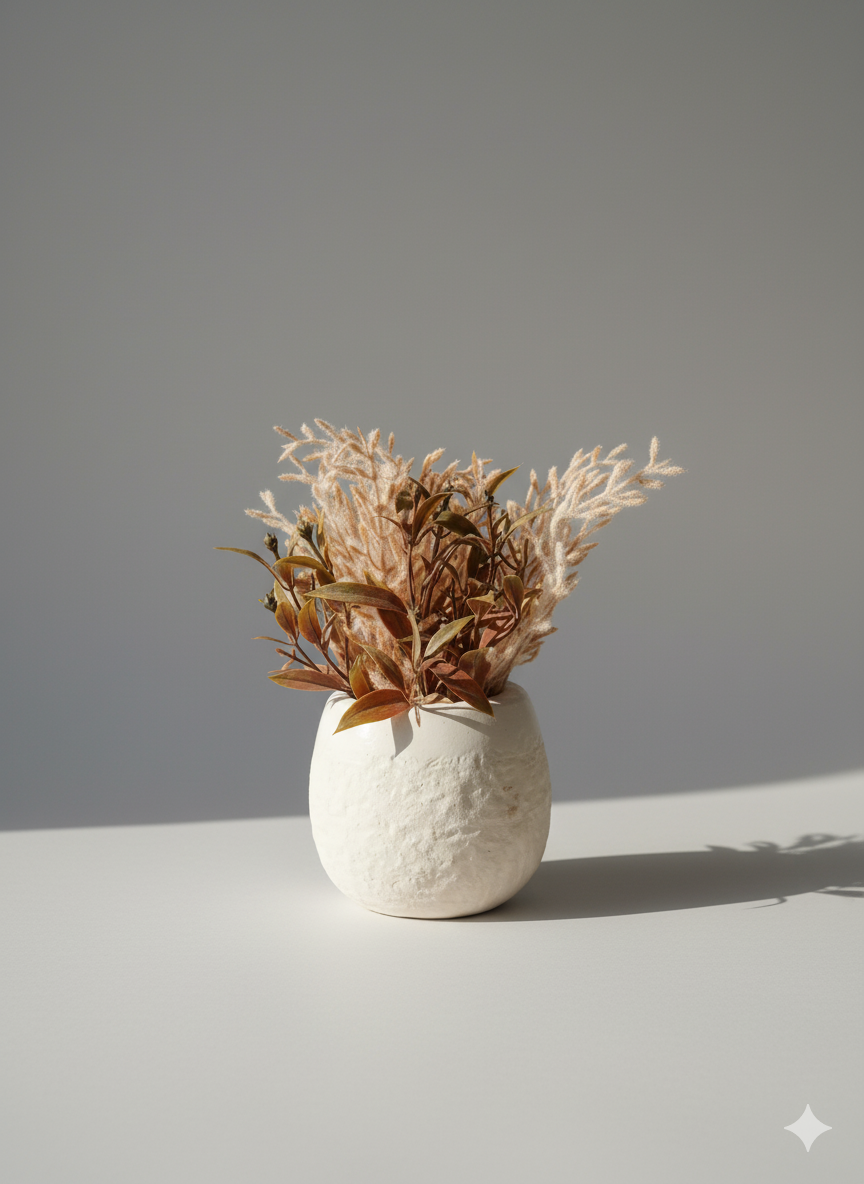 Textured Ceramic Planter with Artificial Brown-Green Leaves & Cream Sprigs
