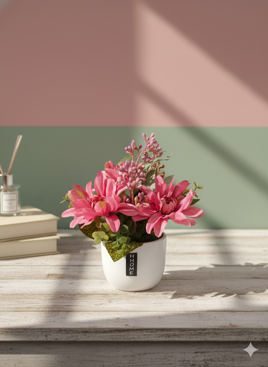 White Ceramic Planter with Artificial Pink Flowers & Green Foliage