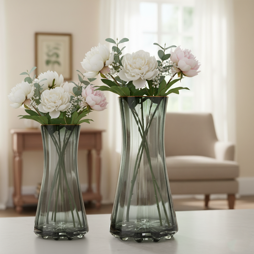 Smoky Grey Curved Glass Vase Set with Gold Rim (Set of 2)