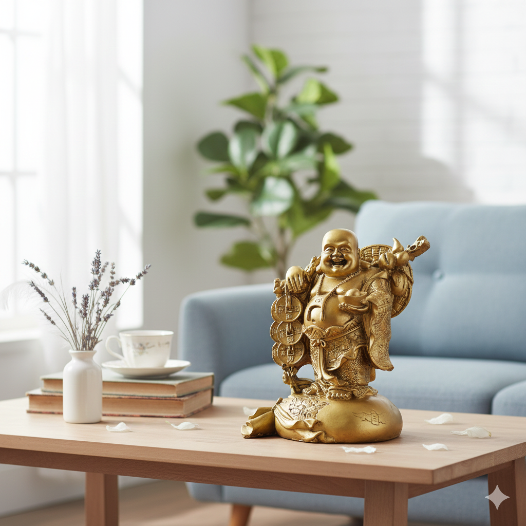 Laughing Buddha with Money tree and Wealth Sack