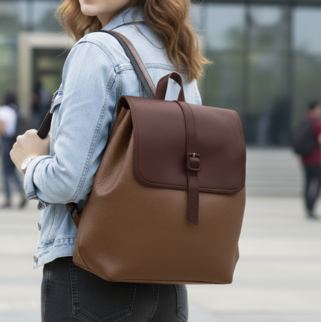 Unisex Tan & Brown Leather-Look Backpack – Stylish Dual-Tone Design with Magnetic Flap and Adjustable Straps
