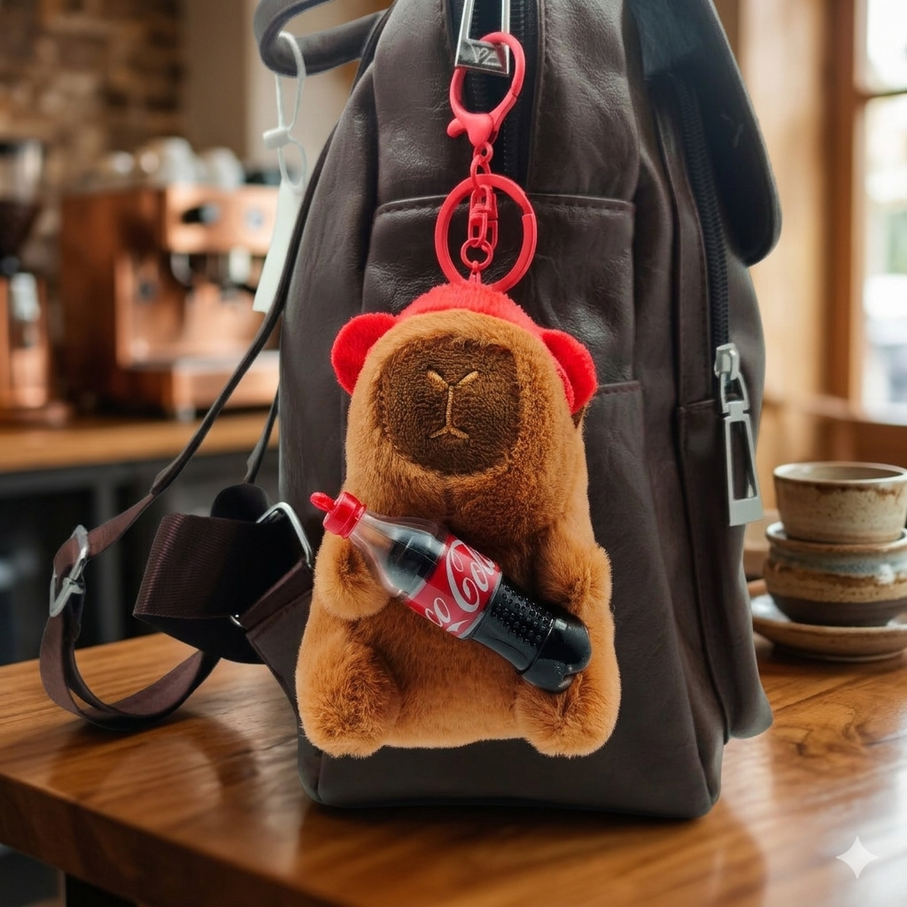 Capybara Plush Keychain with Cola Bottle & Red Clip – Kawaii Bag/Car Hanging Charm