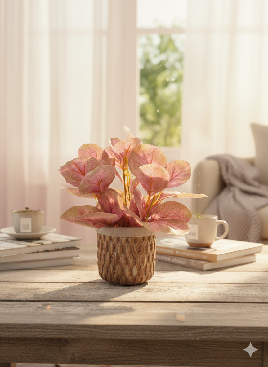 Textured Ceramic Planter with Artificial Pink-Green Leaves