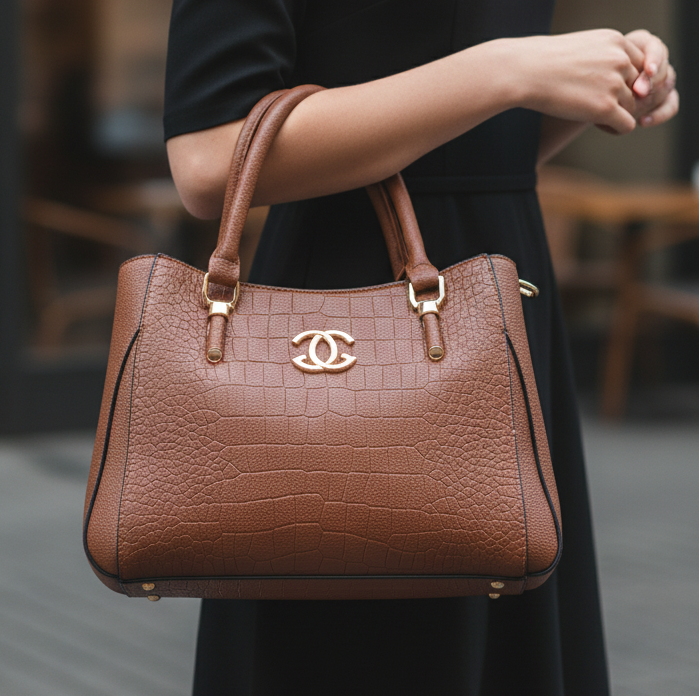 Women’s Brown Textured Handbag – Leatherette Finish with Gold Detailing & Adjustable Sling Strap