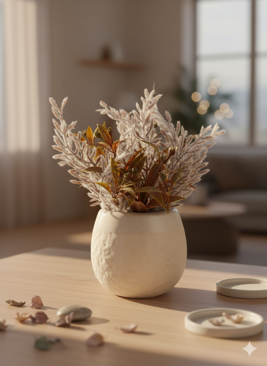 Ceramic Textured Planter with Artificial Green-Brown Leaves & White Fuzzy Sprigs
