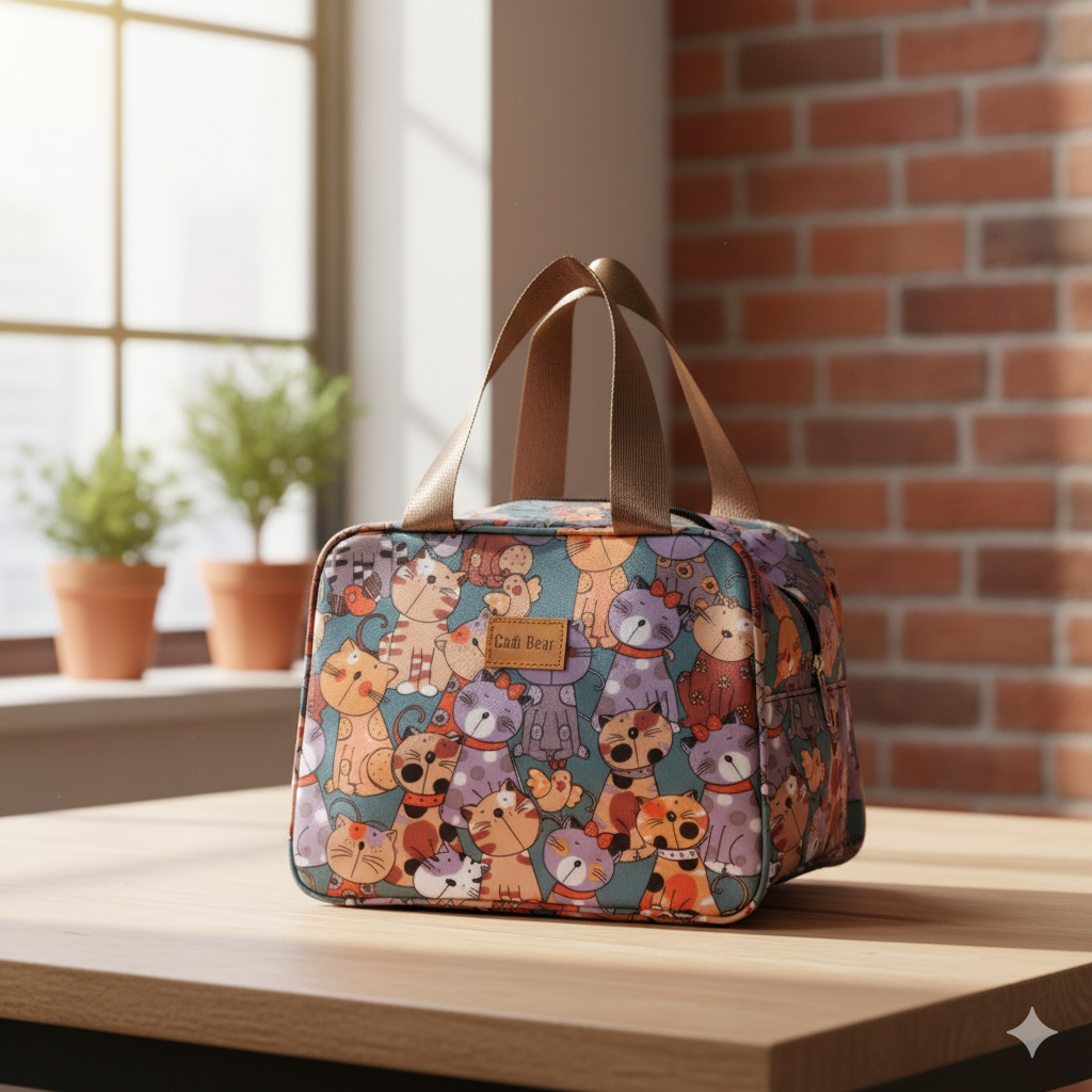 Teal base with multicolor cat print- Insulated Lunch Bag