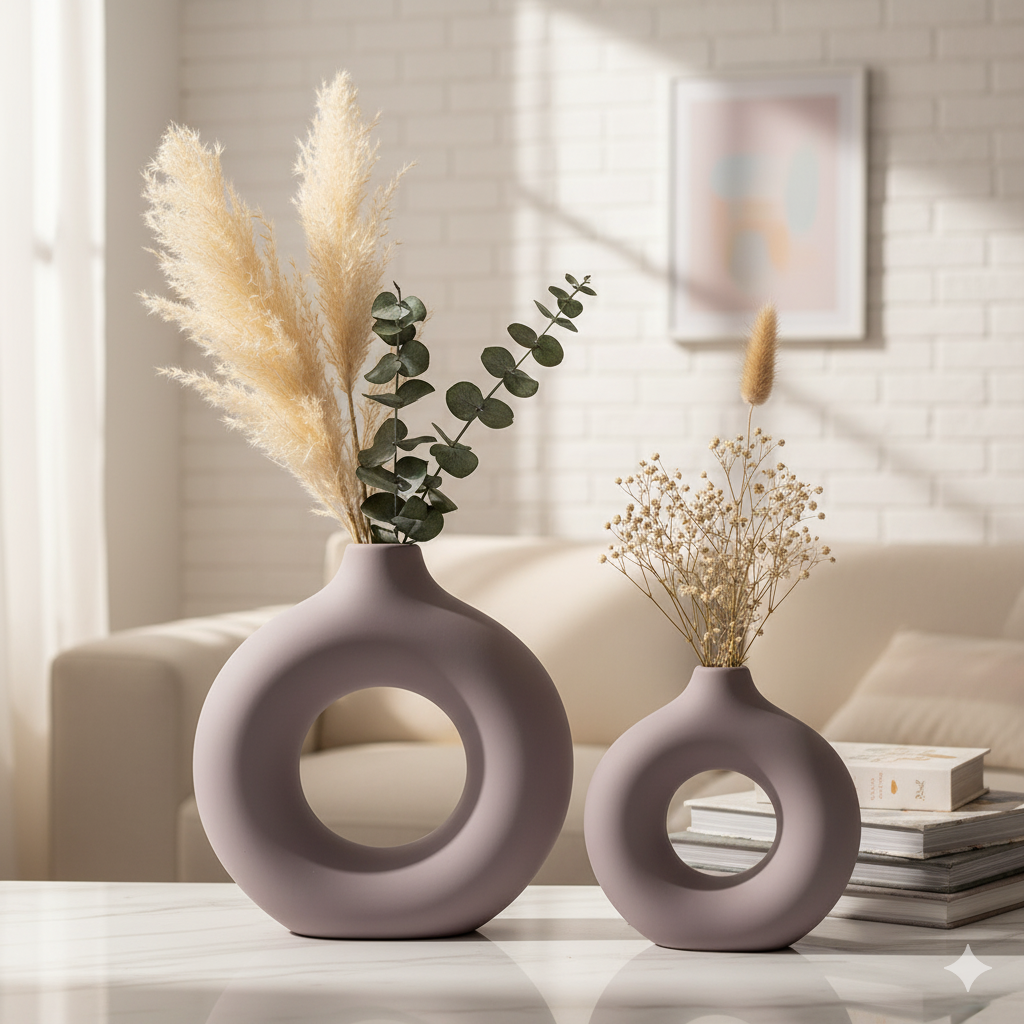 Set of 2 Decorative Purple Ceramic Vases – Donut Shape, Matte Finish