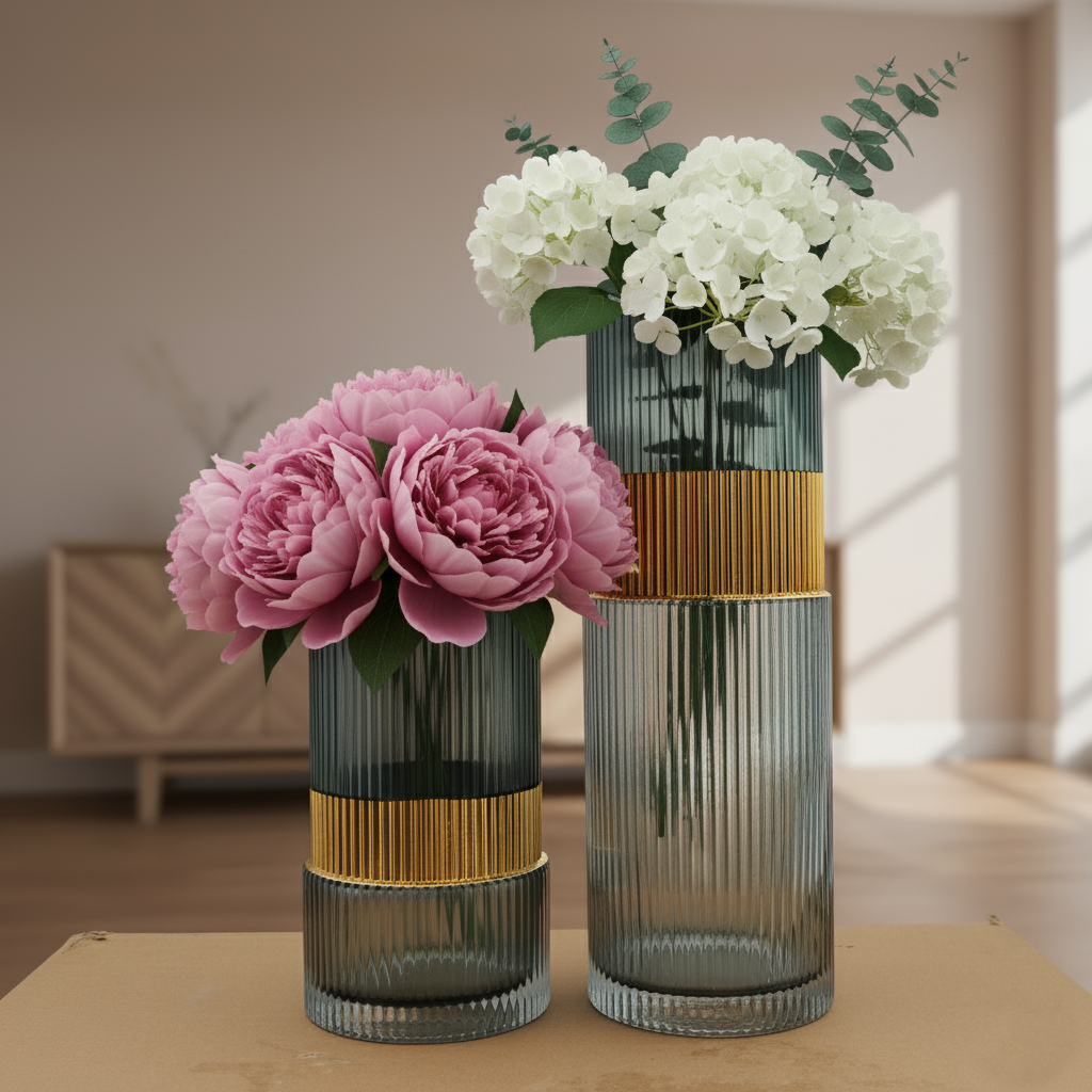 Smoky Grey Ribbed Glass Vase Set with Gold Accent (Set of 2)