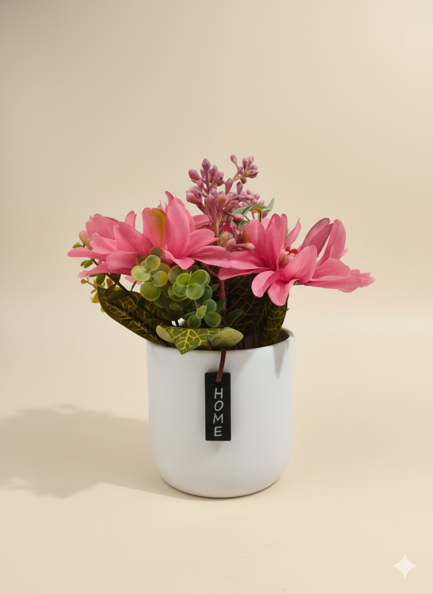 White Ceramic Planter with Artificial Pink Flowers & Green Foliage