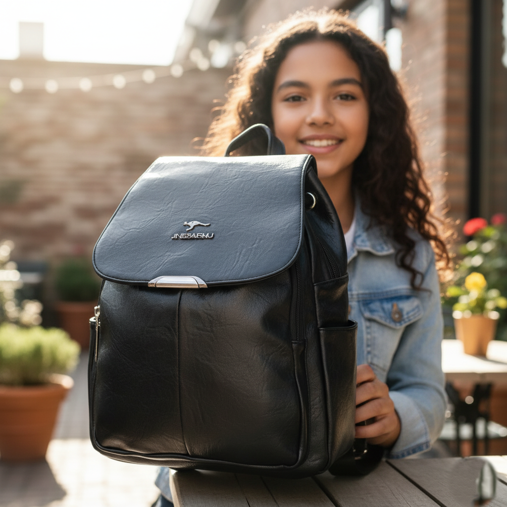 Unisex Black Leather-Look Backpack – Multi-Pocket Design with Adjustable Straps & Secure Flap Closure